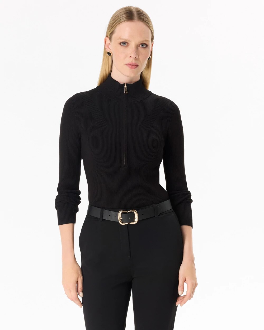 トップス ANDWANG AND bijou high neck tops BLK Zip-Up Mock Neck